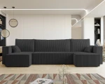 Frontalansicht der U-förmigen Wohnlandschaft PARIS U (312x145 cm) mit weichem Poso Cordstoff, stilvoll arrangiert in einem modernen Wohnzimmer.