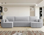 Frontalansicht der U-förmigen Wohnlandschaft PARIS U (312x145 cm) mit weichem Poso Cordstoff, stilvoll arrangiert in einem modernen Wohnzimmer.
