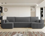 Frontalansicht der U-förmigen Wohnlandschaft PARIS U (312x145 cm) mit weichem Poso Cordstoff, stilvoll arrangiert in einem modernen Wohnzimmer.
