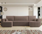 Frontalansicht der U-förmigen Wohnlandschaft PARIS U (312x145 cm) mit weichem Poso Cordstoff, stilvoll arrangiert in einem modernen Wohnzimmer.