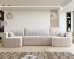 Frontalansicht der U-förmigen Wohnlandschaft PARIS U (312x145 cm) mit weichem Poso Cordstoff, stilvoll arrangiert in einem modernen Wohnzimmer.