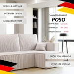 Nahaufnahme der Polsterung der Design Wohnlandschaft PARIS U (312x145 cm), welche die feine, gerippte Textur des hochwertigen Poso Cordstoffes im Detail präsentiert