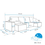 Technische Skizze der Wohnlandschaft PARIS U in U-Form, die die genauen Abmessungen von 312x145 cm für eine optimale Raumplanung im Poso Cord Design zeigt.