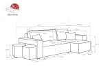 Technische Skizze des L-Form Sofas PARIS inklusive der 2 Sitzwürfel, die die genauen Abmessungen von 262x145 cm für die Poso Cord und Centaur Bouclé Variante zeigt.