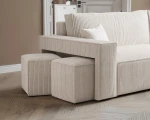 Nahaufnahme der Polsterung des L-Form Sofas PARIS (262x145 cm), welche die feine Textur der hochwertigen Poso Cord und Centaur Bouclé Stoffe im Detail präsentiert.