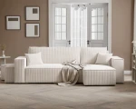 Frontalansicht des L-Form Sofas PARIS (262x145 cm) inklusive 2 Sitzwürfel mit einem Bezug aus Poso Cord und Centaur Bouclé, stilvoll arrangiert in einem modernen Wohnzimmer.