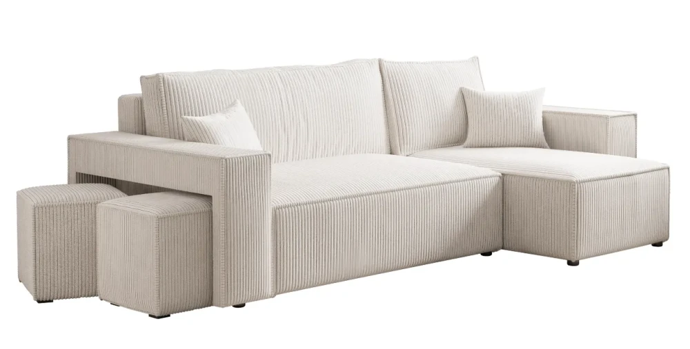 Seitenansicht des modernen L-Form Sofas PARIS (262x145 cm) inklusive 2 Sitzwürfel mit edlem Poso Cord und Centaur Bouclé Bezug, sauber freigestellt auf weißem Hintergrund.