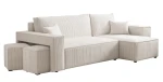 Seitenansicht des modernen L-Form Sofas PARIS (262x145 cm) inklusive 2 Sitzwürfel mit edlem Poso Cord und Centaur Bouclé Bezug, sauber freigestellt auf weißem Hintergrund.