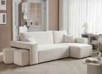 Schräge Ansicht des L-Form Sofas PARIS (262x145 cm) mit 2 Sitzwürfeln aus Poso Cord und Centaur Bouclé, stilvoll arrangiert und harmonisch integriert in eine gemütliche Wohnumgebung.
