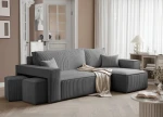 Schräge Ansicht des L-Form Sofas PARIS (262x145 cm) mit 2 Sitzwürfeln aus Poso Cord und Centaur Bouclé, stilvoll arrangiert und harmonisch integriert in eine gemütliche Wohnumgebung.