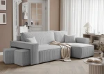 Schräge Ansicht des L-Form Sofas PARIS (262x145 cm) mit 2 Sitzwürfeln aus Poso Cord und Centaur Bouclé, stilvoll arrangiert und harmonisch integriert in eine gemütliche Wohnumgebung.