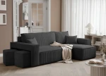 Schräge Ansicht des L-Form Sofas PARIS (262x145 cm) mit 2 Sitzwürfeln aus Poso Cord und Centaur Bouclé, stilvoll arrangiert und harmonisch integriert in eine gemütliche Wohnumgebung.