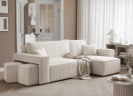 Schräge Ansicht des L-Form Sofas PARIS (262x145 cm) mit 2 Sitzwürfeln aus Poso Cord und Centaur Bouclé, stilvoll arrangiert und harmonisch integriert in eine gemütliche Wohnumgebung.