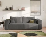 Frontalansicht des modernen Sofas BALI (239x91 cm) mit einem eleganten Bezug aus Cord und Bouclé, stilvoll arrangiert in einem modernen Wohnzimmer.