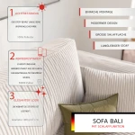 Nahaufnahme der Polsterung des Sofas BALI (239x91 cm), welche die feine Textur der hochwertigen Cord und Bouclé Stoffe im Detail präsentiert.
