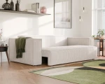 Das Sofa BALI (239x91 cm) aus Cord und Bouclé, hier vollständig ausgeklappt zur praktischen Nutzung als komfortables Schlafsofa.