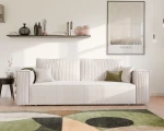 Frontalansicht des modernen Sofas BALI (239x91 cm) mit einem eleganten Bezug aus Cord und Bouclé, stilvoll arrangiert in einem modernen Wohnzimmer.