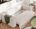 Das ausgeklappte Schlafsofa BALI (239x91 cm) aus Cord und Bouclé Stoff mit geöffnetem, integriertem Bettkasten für zusätzlichen Stauraum.