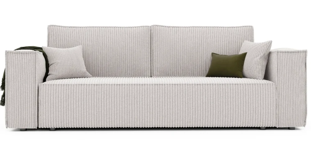 Frontale Ansicht des Sofas BALI in der Größe 239x91 cm aus weichem Cord und Bouclé Stoff, freigestellt auf weißem Hintergrund.