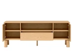 Der moderne TV-Schrank SANDEN 6 mit geöffneten Türen, der den praktischen Stauraum für Multimedia-Geräte und Zubehör zeigt.