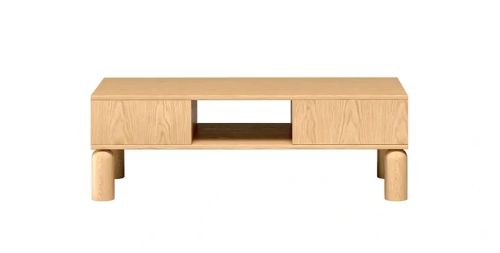 Frontale Ansicht des 110 cm breiten Couchtisches SANDEN 7, die das markante und symmetrische Bookmatch-Muster zeigt, freigestellt auf weißem Hintergrund.