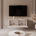 Das Hänge-TV-Board ANGEL 100 mit geöffneter Front, das den praktischen Stauraum für Multimedia-Geräte und Zubehör zeigt.