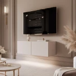 Schräge Ansicht des Hänge-TV-Boards ANGEL 100 mit LED, stilvoll arrangiert und harmonisch integriert in eine moderne Heimkino-Umgebung.