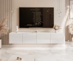 Frontalansicht des Hänge-TV-Boards ANGEL 200 mit stimmungsvoller LED-Beleuchtung, stilvoll arrangiert in einem modernen Wohnzimmer.