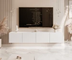 Frontalansicht des Hänge-TV-Boards ANGEL 200 mit stimmungsvoller LED-Beleuchtung, stilvoll arrangiert in einem modernen Wohnzimmer.