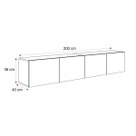 Technische Skizze des TV-Boards ANGEL 200, die die genauen Abmessungen von 200 cm Breite für eine optimale Raumplanung zeigt.