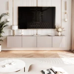 Frontalansicht des Hänge-TV-Boards ANGEL 200 mit stimmungsvoller LED-Beleuchtung, stilvoll arrangiert in einem modernen Wohnzimmer.