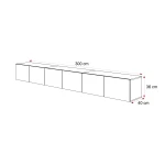 Technische Skizze des TV-Boards ANGEL 300, die die genauen Abmessungen von 300 cm Breite für eine optimale Raumplanung zeigt.