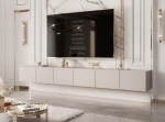 Schräge Ansicht des Hänge-TV-Boards ANGEL 300 mit LED, stilvoll arrangiert und harmonisch integriert in eine moderne Heimkino-Umgebung.