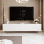 Frontalansicht des stehenden TV-Boards ANGEL 100 mit stimmungsvoller LED-Beleuchtung, stilvoll arrangiert in einem modernen Wohnzimmer.