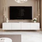 Frontalansicht des stehenden TV-Boards ANGEL 100 mit stimmungsvoller LED-Beleuchtung, stilvoll arrangiert in einem modernen Wohnzimmer.