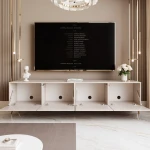 Das stehende TV-Board ANGEL 100 mit geöffneter Front, das den praktischen Stauraum für Multimedia-Geräte und Zubehör zeigt.