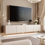 Schräge Ansicht des stehenden TV-Boards ANGEL 200 mit LED, stilvoll arrangiert und harmonisch integriert in eine moderne Heimkino-Umgebung.