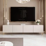 Frontalansicht des stehenden TV-Boards ANGEL 200 mit stimmungsvoller LED-Beleuchtung, stilvoll arrangiert in einem modernen Wohnzimmer.