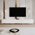 Frontalansicht des stehenden TV-Boards ANGEL 300 mit stimmungsvoller LED-Beleuchtung, stilvoll arrangiert in einem modernen Wohnzimmer.