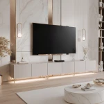 Detailansicht der eingeschalteten LED-Beleuchtung des TV-Boards ANGEL 300, die das extrabreite Möbelstück und den Wohnbereich elegant in Szene setzt.