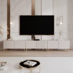 Frontalansicht des stehenden TV-Boards ANGEL 300 mit stimmungsvoller LED-Beleuchtung, stilvoll arrangiert in einem modernen Wohnzimmer.