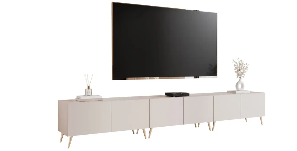 Seitenansicht des modernen, stehenden TV-Boards ANGEL 300, sauber freigestellt auf weißem Hintergrund.