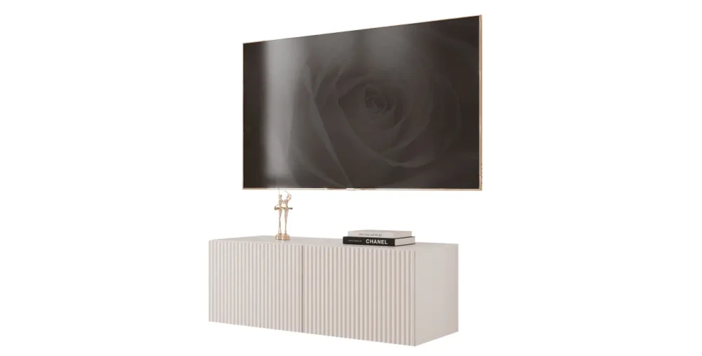 Seitenansicht des modernen, hängenden TV-Lowboards ANGEL 100 mit geriffelter Struktur, sauber freigestellt auf weißem Hintergrund.