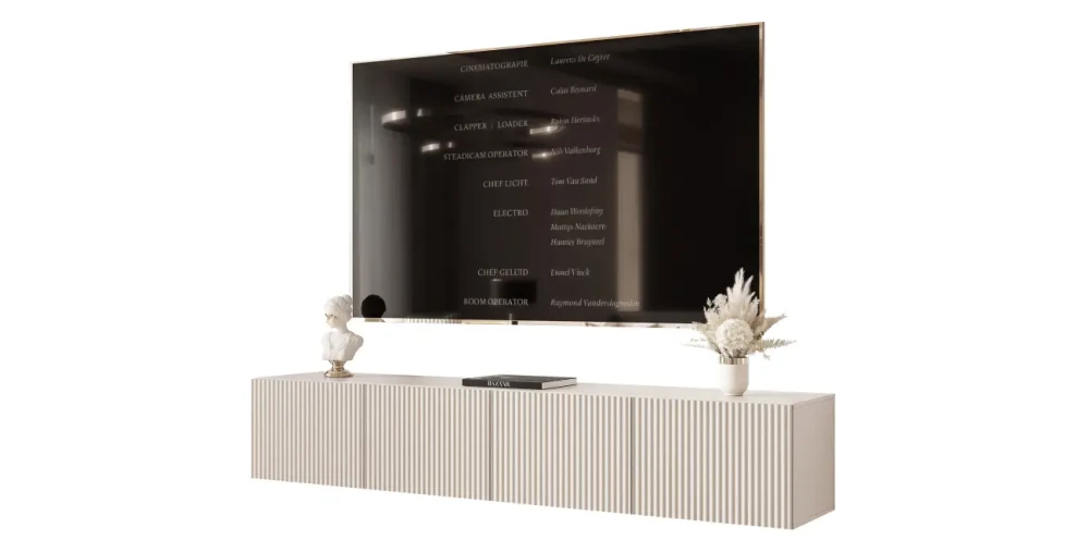 Seitenansicht des modernen, hängenden TV-Lowboards ANGEL 200 mit geriffelter Struktur, sauber freigestellt auf weißem Hintergrund.