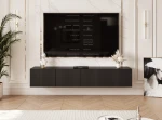 Frontalansicht des hängenden TV-Lowboards ANGEL (200 cm) mit stilvollen geriffelten Fronten und stimmungsvoller LED-Beleuchtung, arrangiert in einem modernen Wohnzimmer.