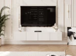 Frontalansicht des hängenden TV-Lowboards ANGEL (200 cm) mit stilvollen geriffelten Fronten und stimmungsvoller LED-Beleuchtung, arrangiert in einem modernen Wohnzimmer.