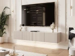 Schräge Ansicht des hängenden TV-Lowboards ANGEL 200 mit LED, stilvoll arrangiert und harmonisch integriert in eine moderne Heimkino-Umgebung.