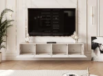 Das hängende TV-Lowboard ANGEL 200 mit geöffneten Fronten, das den großzügigen Stauraum für Multimedia-Geräte und Zubehör zeigt.