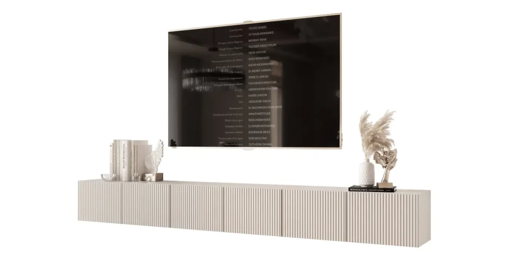 Seitenansicht des modernen, hängenden TV-Lowboards ANGEL 300 mit geriffelter Struktur, sauber freigestellt auf weißem Hintergrund.