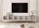 Das hängende TV-Lowboard ANGEL 300 mit geöffneten Fronten, das den beeindruckenden Stauraum für Multimedia-Geräte und Zubehör auf 300 cm Breite zeigt.